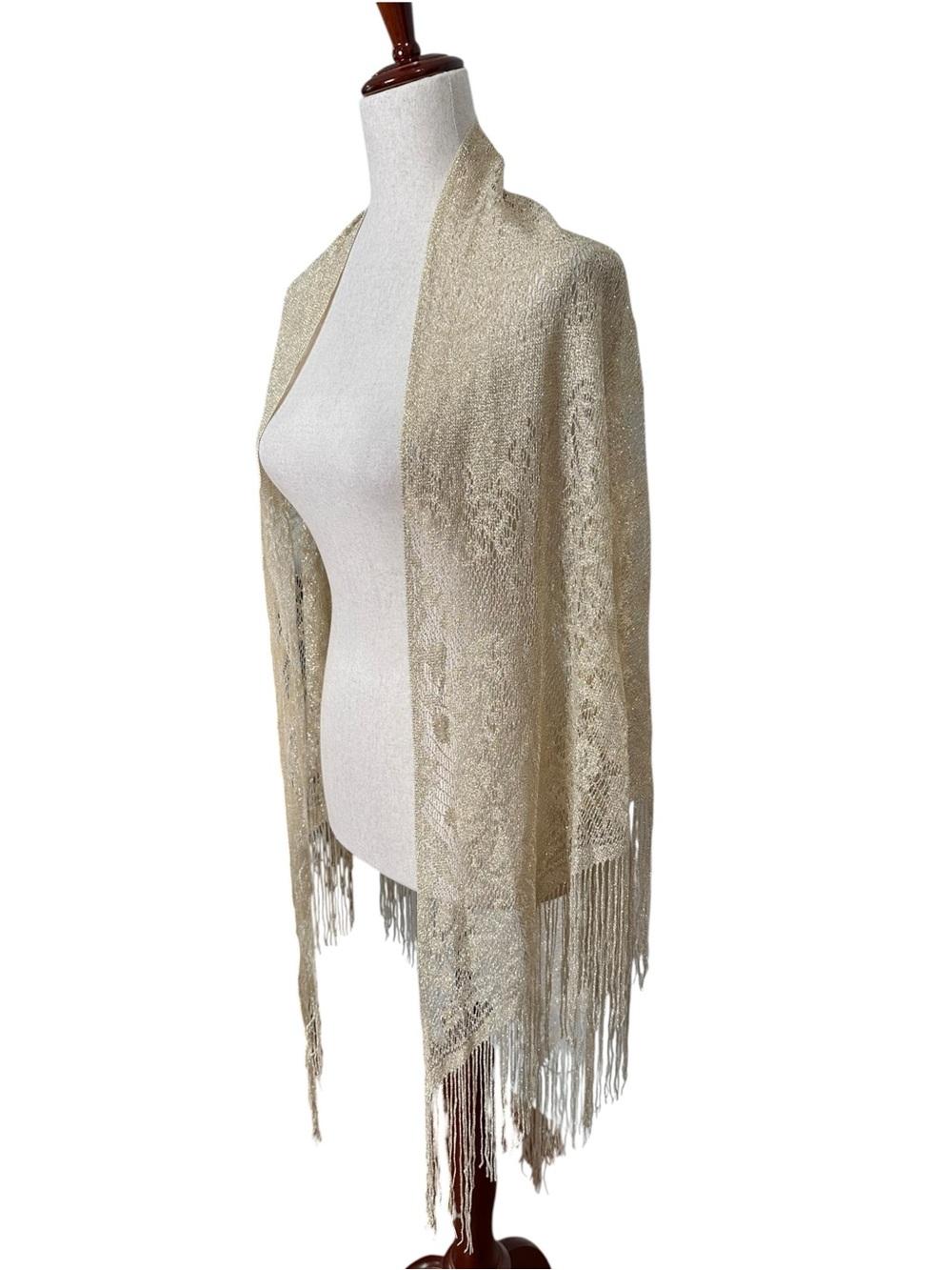 Bohemian Fringe Open-Front Knit Pashmina - Gold/Beige Floral pattern. Festival. - Picture 5 of 11